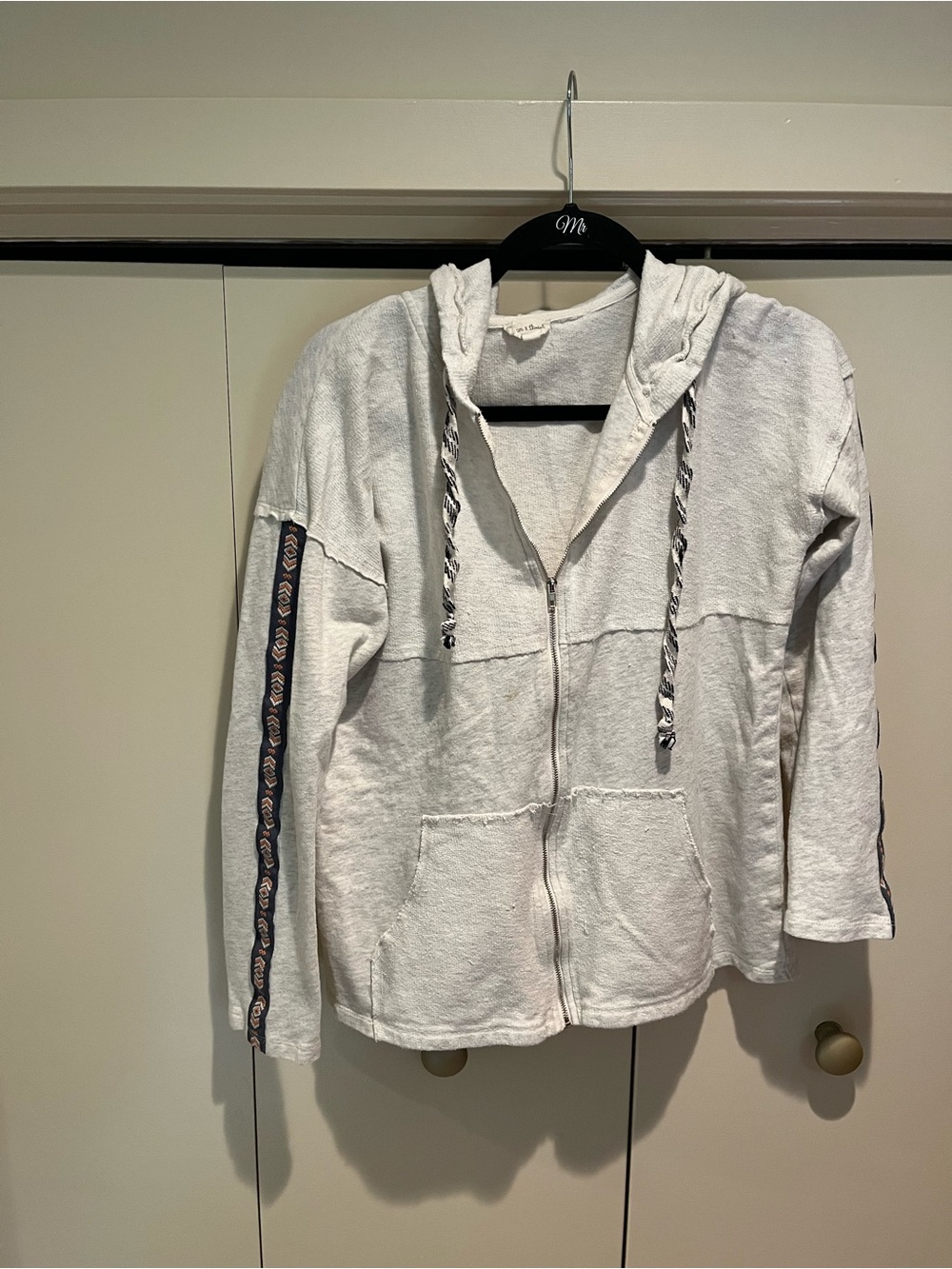 Cream Zip Hoodie with Patterned Sleeve Trim